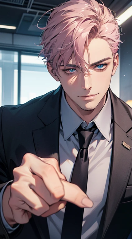 (best quality,4k,8k,highres,masterpiece:1.2),ultra-detailed,(realistic,photorealistic,photo-realistic:1.37),1 man,31 years old,mature man,very handsome,without expression,smile,short grey pink hair,blue eyes,penetrating gaze,perfect face without errors,imposing posture,businessman,office background,cinematic lighting,hdr image