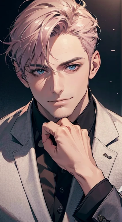 (best quality,4k,8k,highres,masterpiece:1.2),ultra-detailed,(realistic,photorealistic,photo-realistic:1.37),1 man,31 years old,mature man,very handsome,without expression,smile,short grey pink hair,blue eyes,penetrating gaze,perfect face without errors,imposing posture,businessman,office background,cinematic lighting,hdr image