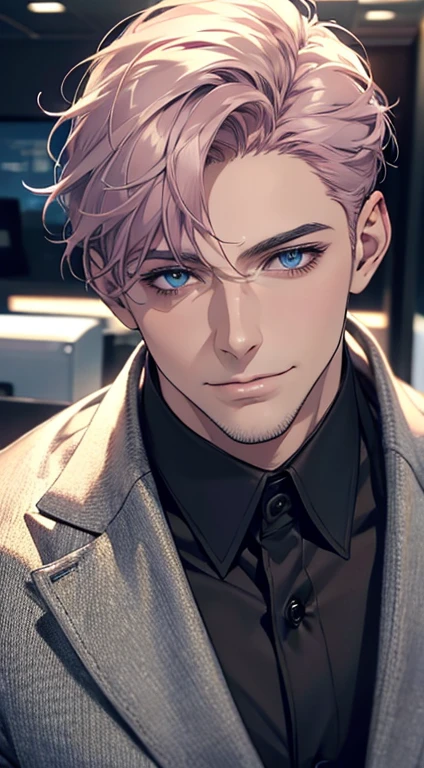 (best quality,4k,8k,highres,masterpiece:1.2),ultra-detailed,(realistic,photorealistic,photo-realistic:1.37),1 man,31 years old,mature man,very handsome,without expression,smile,short grey pink hair,blue eyes,penetrating gaze,perfect face without errors,imposing posture,businessman,office background,cinematic lighting,hdr image