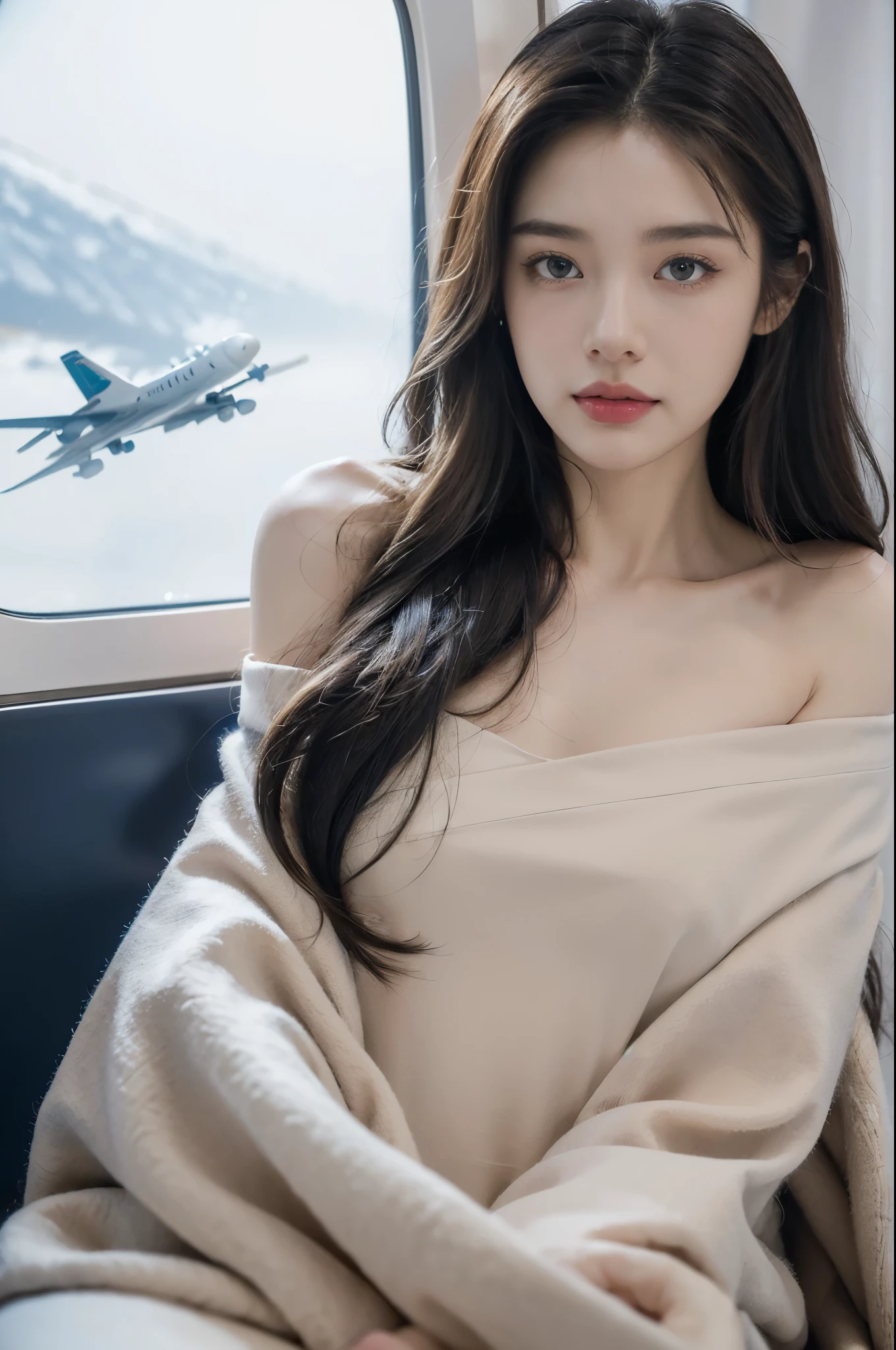 8K, Masterpiece, Raw foto, Best Quality, Photorealistic, 8K integrated with very detailed CG, 8K, diamonds, & Wallpapers, Depth of field, Cinematic light, lens flares, Ray traching, (extremely beautiful face, beautiful lips, beautidful eyes), Intricate detail face, ((ultra detail skin)) 1girll, Dark In, Deep Shadow, Pretty Korean Girl, kpop-idol, Photograph of sexy woman sitting in airplane seat,Wearing a white flight attendant uniform,A skirt that hugs the buttocks,(Very slender and slender muscular body:1.3), (Flesh-colored Pantyhose:1.3),Lightweight, Tight Attendant Uniform,mediuml breasts,Wide Buttocks,Slender,red lip,pupils,(unholy:0.9),cross legs,(Textured fabrics:0.9),looking up at viewer, (pale-skin), (Big Eyes),(ssmile:0.8),Fascinated by the camera,(Metallic fabric:0.5),Very complex,(realisticlying,primitive:1.5), Sideslit, (hazy:0.9), Detail of the face, low quality photo, Hight Contrast, Inside the Airplane, Slender, Bow shape, (dot:0.4)
