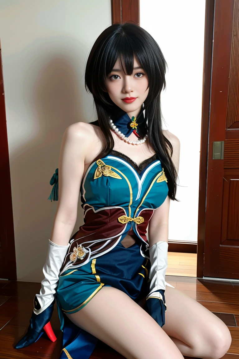 best quality, tmasterpiece,Ultra-high resolution,Clear face,(Reality:1.4),ferpect lighting,upper body photo:1.3), (photorealistic:1.50), anime wallpaper, Guviz style artwork, cover-up fantasy up to magic , by Yang J, Guviz, beautiful artwork illustration, beautiful digital artwork, beautiful digital illustration, Li Song, beautiful anime portrait, art style in Beauvot, 1girl, 独奏, looking at viewer, smiling, closed mouth, bangs, hair between eyes, RUANMEI cosplay costume, chinese dress, chinese clothing, cosplay, RUANMEI, dress, gloves, elbow gloves, hair decoration, jewelry, high heels, indoor, In the room, Hallway, Door,