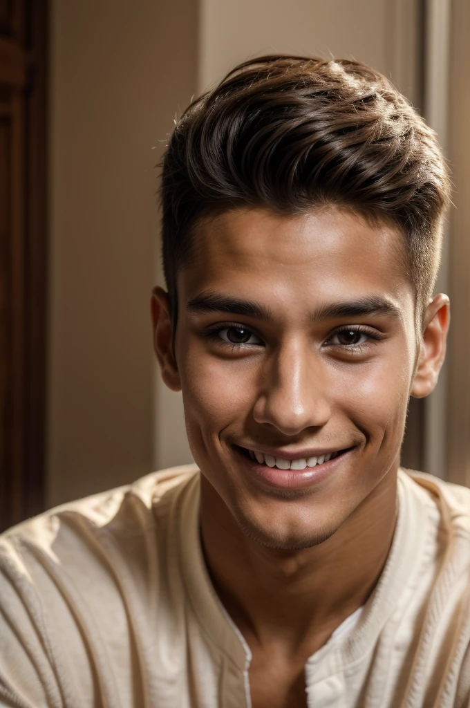 Boy with a smile on his face, young man with beautiful face, boy with tanned skin, beautiful young man, attractive young man, beautiful young man, handsome attractive face, well-groomed model, perfect cute face, smiling male, beautiful young man, Handsome male face, retrato do beautiful young man, attractive male, handsome male, gorgeous young model, face detailed, squared chin, 8K, show a body that is neither too strong nor too thin