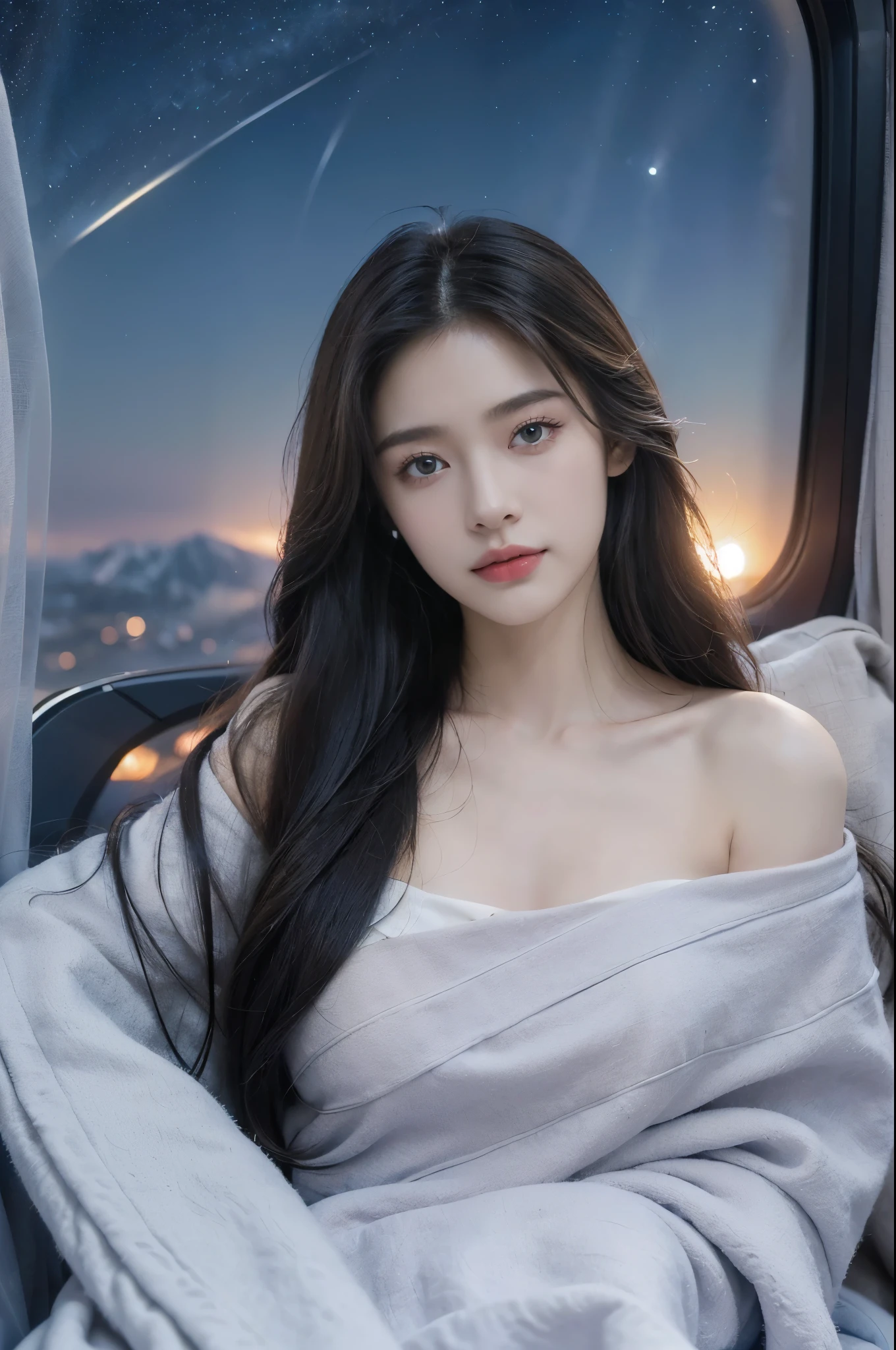 (((best quality))),(((ultra detailed))),(((masterpiece))),illustration,(a beautiful girl,female passenger,solo),((slim,thin,small breasts,flat chest)),(slender legs:1.2),summer night,((in airplane,economy class,indoor)),(blanket over shoulders:1.3),((dress)),(shoulder length straight hair:1.2),stars,moonlight,smooth flight,engine sound,lullaby,relaxed,excited,happy,visiting family,comfortable seats,soft fabric,headrests,adjustable,beauty of night sky,thinking about family,friends,dimmed lights,sleeping passengers,movies,personal screens,staying awake,magic of sky,joy of being with family,memorable journey,adventures,(surrounded by crowded crowds:1.3),(Outside the window is high-altitude night view:1.2),((from front,upper body))