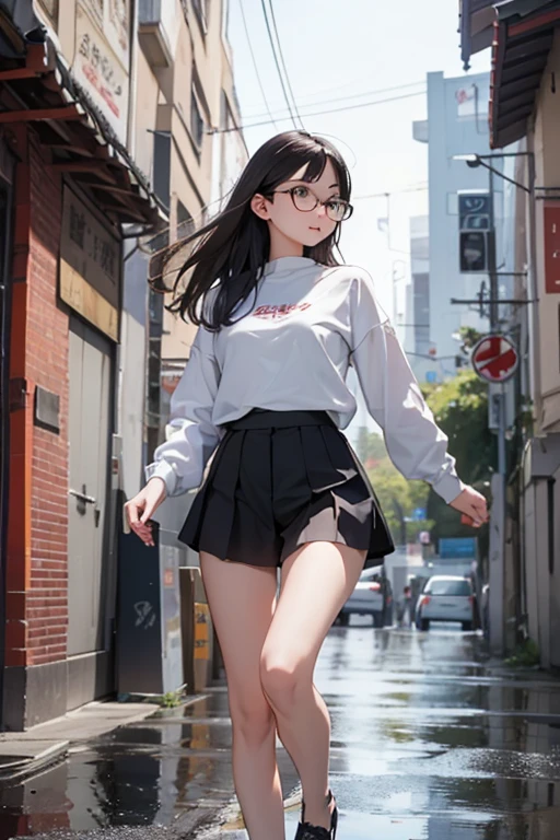 Highest quality、masterpiece、High sensitivity、High resolution、Detailed Description、Slender women、Slim Body、Glasses、Casual clothes、Thin thighs、Jump over a puddle、