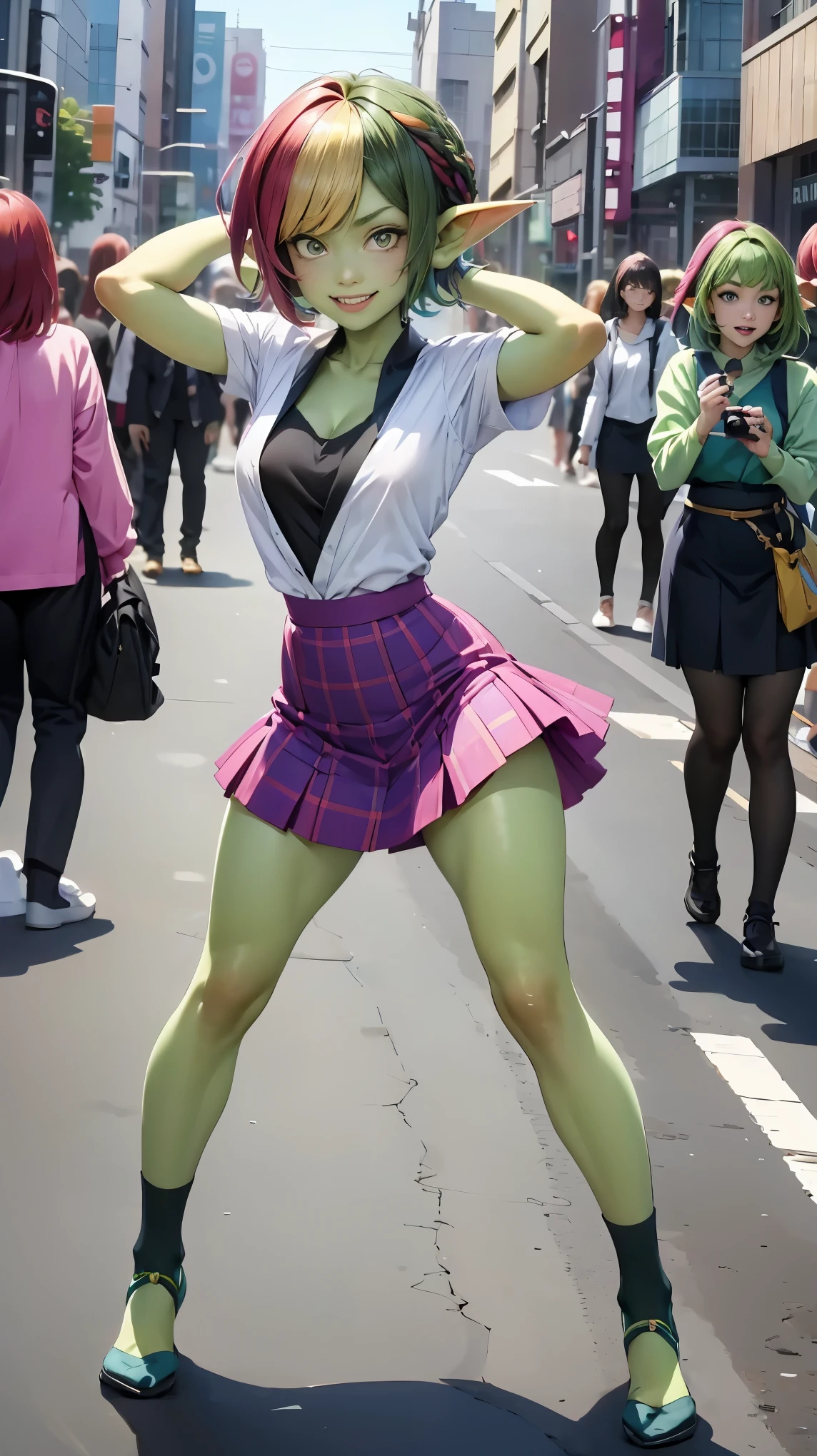 1 girl, short hair, green goblin girl, green skin, small pointy ears, ((rainbow hair)), very fashionable skirt and shirt, wearing knee-socks, smiling, full body, outdoors in tokyo, performing a tiktok dance in the streets of tokyo, daytime, dynamic pose, cinematic still, action shot, action pose, dancing, dancer, having fun, being recorded by multiple people with cameraphones, center of attention