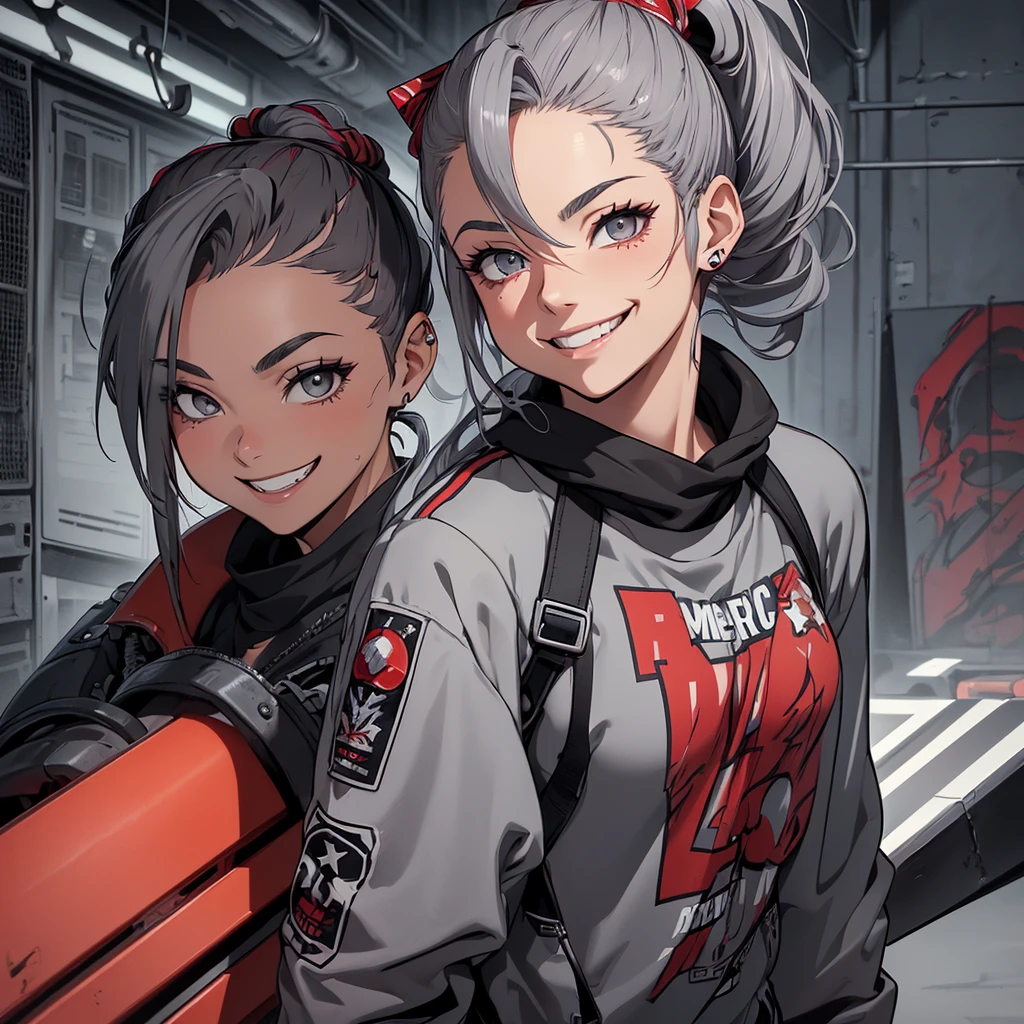 animated sketch, impressively detailed sketch, a woman, (((carmine hair tied in a high ponytail, detailed gray eyes, American))), athletic body , modern casual clothing, apocalyptic world, vivid colors, conceptual artists lighting, focus on torso , ((((smiling)))), (((adult))),