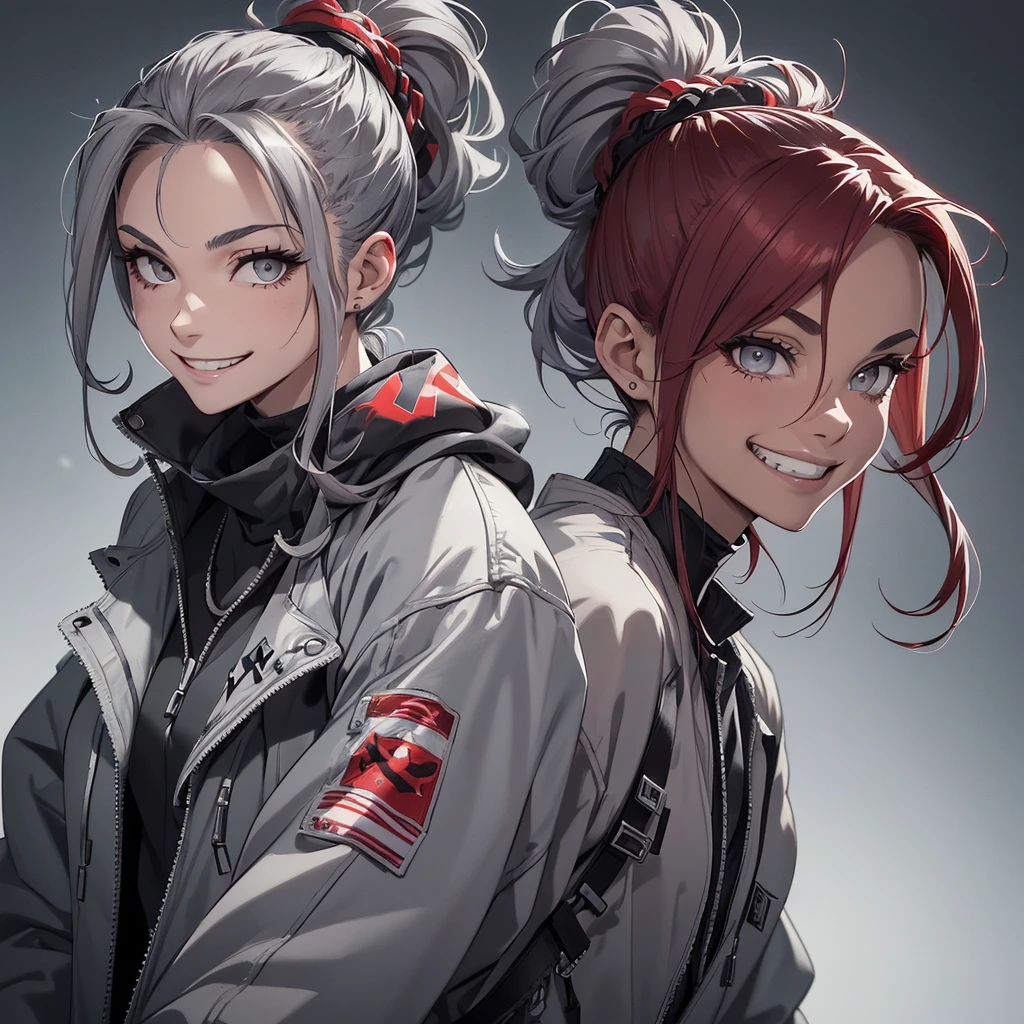 animated sketch, impressively detailed sketch, a woman, (((carmine hair tied in a high ponytail, detailed gray eyes, American))), athletic body , modern casual clothing, apocalyptic world, vivid colors, conceptual artists lighting, focus on torso , ((((smiling)))), (((adult))),