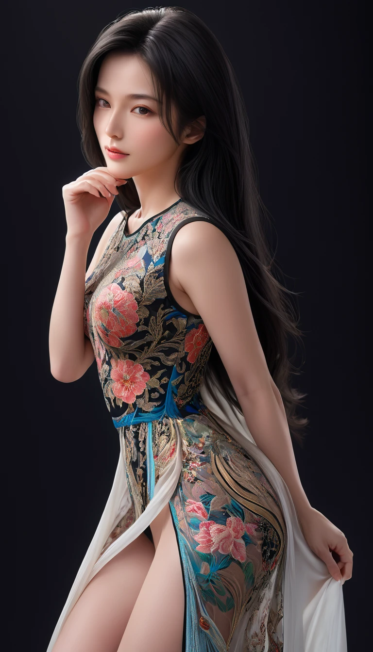 ((最大16K解像度のmasterpiece:1.6)),beautiful,Highest quality,Absolutely wonderful,Very detailed,Ultra-high resolution,masterpiece,Realistic,Realistic,Increased depth of field,Cinematic Light,
One elegant mature woman, Long black hair,精巧なディテールのbeautiful顔,Face with a gentle expression,Transparent white skin,Very delicate skin texture,Great proportions,Anatomically correct body,
high slit dress,Gorgeous colors,Gorgeous and detailed pattern,Beautifully detailed pattern,Detailed cloth texture,
Black Background,((Dramatic Angle:1.3)),