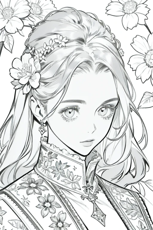 best quality, high resolution, detailed background, high contrast, 1 girl, close-up of the head, floral background, clean line drawings, vibrant colors