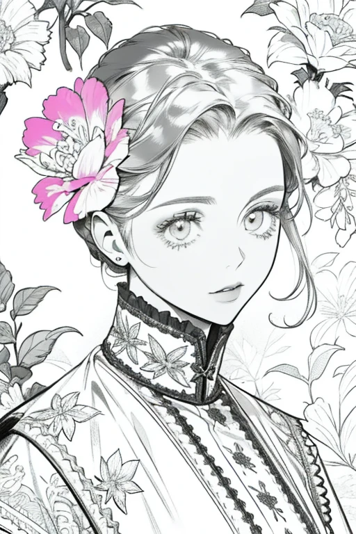 best quality, high resolution, detailed background, high contrast, 1 girl, close-up of the head, floral background, clean line drawings, vibrant colors