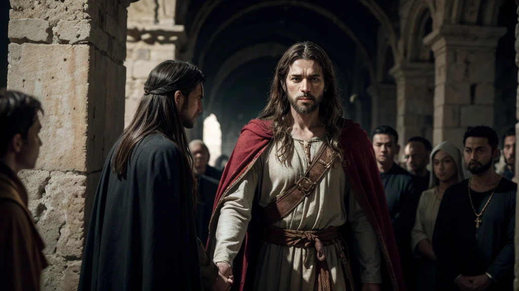 James, apostle of Jesus, standing before a king who is accusing him. In another scene, James is being led away to be sacrificed. The image is set in the time of Jesus, with traditional biblical-era attire and an ancient Jerusalem backdrop. Ultra-realism, super-resolution 16k, UHD, HDR, epic composition, hyper-detail, depth of field, and vivid colors, achieving photorealism. Captured with Panasonic Lumix G Leica DG Nocticron 42.5 mm f/1.2 lens.