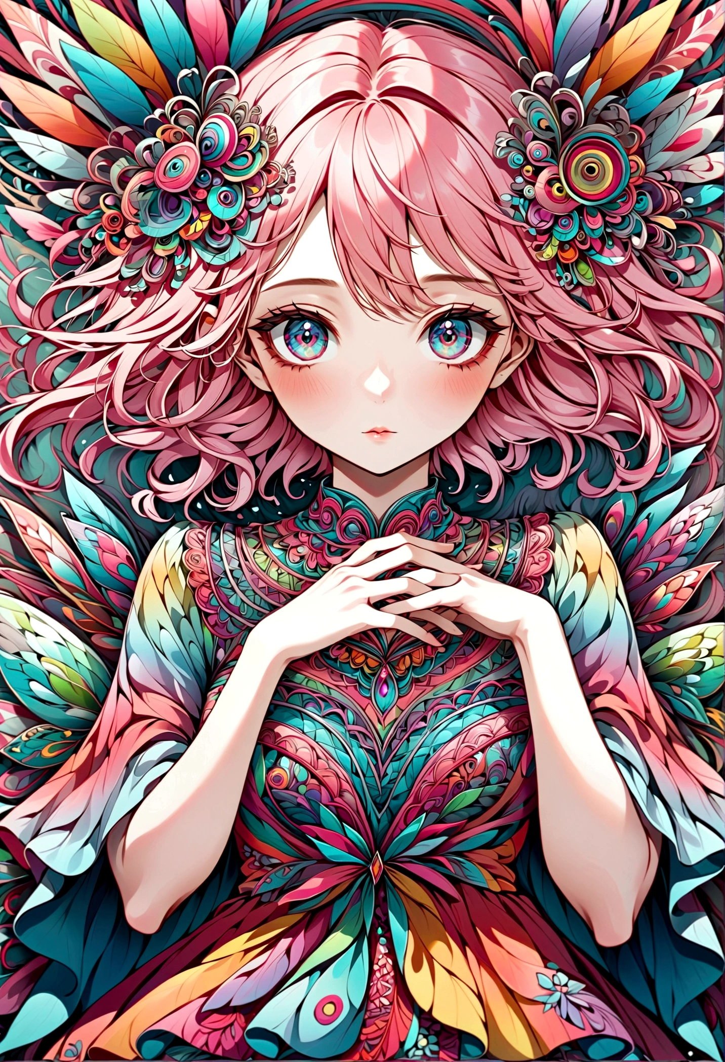 A delicate anime-style illustration of a girl with pink hair and large, expressive eyes. She is wearing a detailed, colorful dress with intricate patterns. The background features abstract, geometric shapes in soft pastel colors, creating a modern and artistic look. Her hands are gracefully positioned in front of her. kimono,Japanese style,Japanese Pattern,artwork,Zentangle,Fractal Art,Unbelievably absurd,draw in detail,Decadent,Adding Ogata Korin elements to the background,rendering,(masterpiece:1.3),(highest quality:1.4),(Super detailed:1.5),High resolution,Very detailed,unity 8k wallpaper,pop