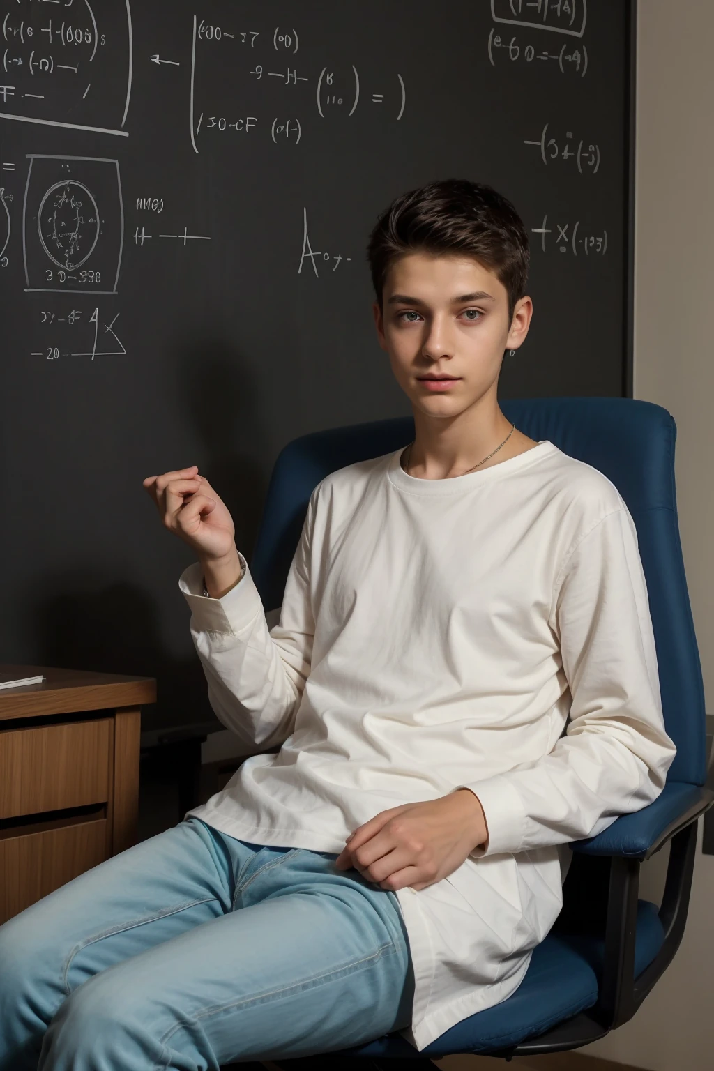 A beautiful, twinkling, cute male young man with black hair and a face with makeup. He is wearing a long-sleeved aquamarine shirt and black jeans. He is in his luxurious scientific office. Behind him is a blackboard with neurons and calculus written on it, and his eyes have dark circles underneath them. He is sitting in... His office studies medicine and chemistry with passion.