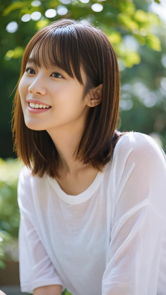 There is a woman sitting with her hair tied back.., Long white T-shirt、((I don't wear anything on my lower body))、Sitting on the bed、、shikamimi, Korean Girls, sakimichan, beautiful south Korean women, Korean women, Yoshitomo Nara, For whom??, harumi, short hair, Park Jimin, Choi Hong-hwa, narumi kakinouchi、short hair、Loose and fluffy hair、Highest quality、