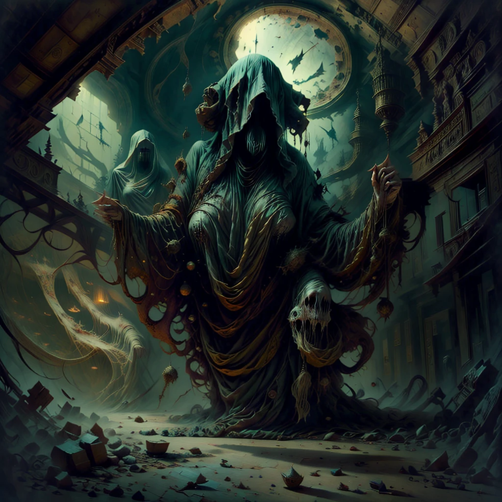 desert landscape, shrouded in eternal twilight, where gnarled trees twist, like the twisted fingers of a corpse, looking for salvation. Among the shadows, a dilapidated mansion looms, his windows have evil eyes, its walls are saturated with the decay of past centuries. A figure stands on the threshold, not alive, neither dead, dressed in torn clothes, his face is hidden in shadows, but his anger is palpable. From the depths of the mansion, a chorus of agonizing screams pierces the silence, echoing through the air, like the lamentations of the damned. Every step towards the mansion is met with resistance from the ground itself.., as if the earth itself wants to drive away uninvited guests from the horrors within. This is the kingdom, where nightmares are born and sanity is lost., a testament to the twisted imagination of its creator, a frightening monument to fear embodied.