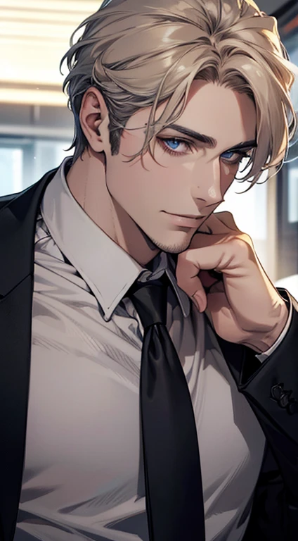 (best quality,4k,8k,highres,masterpiece:1.2),ultra-detailed,(realistic,photorealistic,photo-realistic:1.37),1 man,31 years old,mature man,very handsome,without expression,smile,short grey golden hair,blue eyes,penetrating gaze,perfect face without errors,imposing posture,businessman,office background,cinematic lighting,hdr image