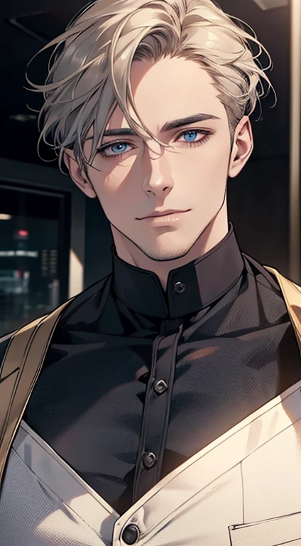 (best quality,4k,8k,highres,masterpiece:1.2),ultra-detailed,(realistic,photorealistic,photo-realistic:1.37),1 man,31 years old,mature man,very handsome,without expression,smile,short grey golden hair,blue eyes,penetrating gaze,perfect face without errors,imposing posture,businessman,office background,cinematic lighting,hdr image