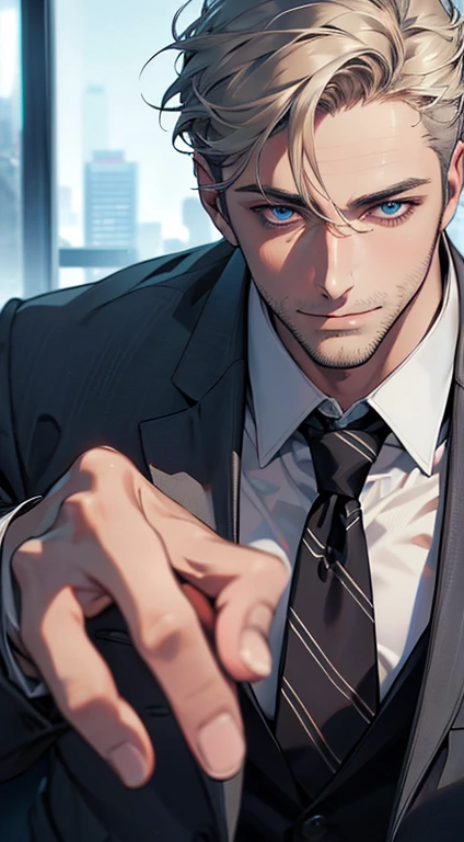 (best quality,4k,8k,highres,masterpiece:1.2),ultra-detailed,(realistic,photorealistic,photo-realistic:1.37),1 man,31 years old,mature man,very handsome,without expression,smile,short grey golden hair,blue eyes,penetrating gaze,perfect face without errors,imposing posture,businessman,office background,cinematic lighting,hdr image