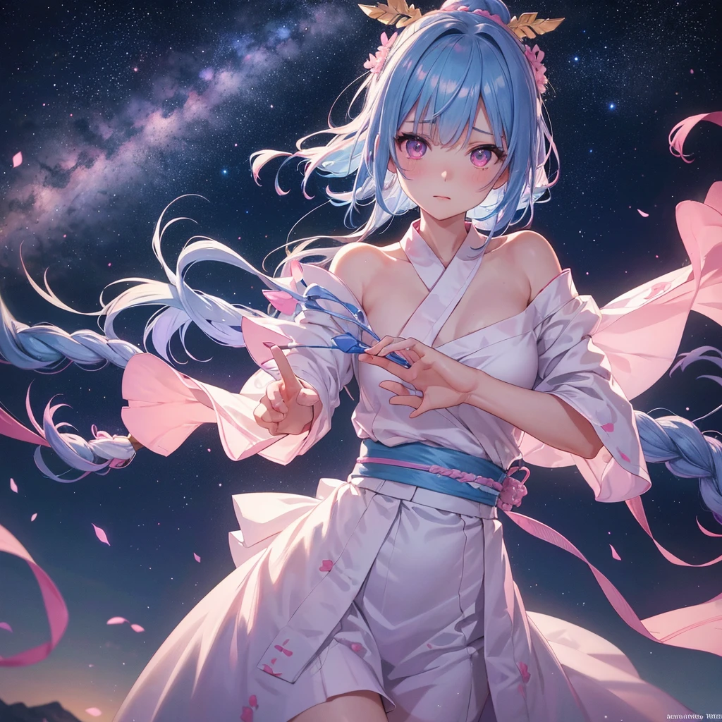 Sky blue hair, (One braided ponytail),(Pink Eyes),Fair skin ,(whole body),(One girl),Pink Yukata,Tanabata,(The Milky Way in the night sky),Hollow Eyes,Blushing,Straight bangs,,Wedding dress,(masterpiece, Highest quality, Very detailed, Best Shadow), (Detailed Background), (Beautifully detailed face), High Contrast, (Best lighting, Very delicate and beautiful), ((Cinematic Light)), colorful, Hyper Detail, Dramatic Light, Intricate details,Reaching out,