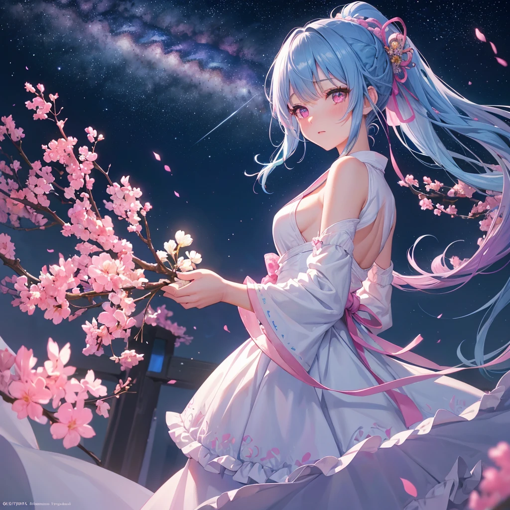 Sky blue hair, (One braided ponytail),(Pink Eyes),Fair skin ,(whole body),(One girl),Pink Yukata,Tanabata,(The Milky Way in the night sky),Hollow Eyes,Blushing,Straight bangs,,Wedding dress,(masterpiece, Highest quality, Very detailed, Best Shadow), (Detailed Background), (Beautifully detailed face), High Contrast, (Best lighting, Very delicate and beautiful), ((Cinematic Light)), colorful, Hyper Detail, Dramatic Light, Intricate details,Reaching out,