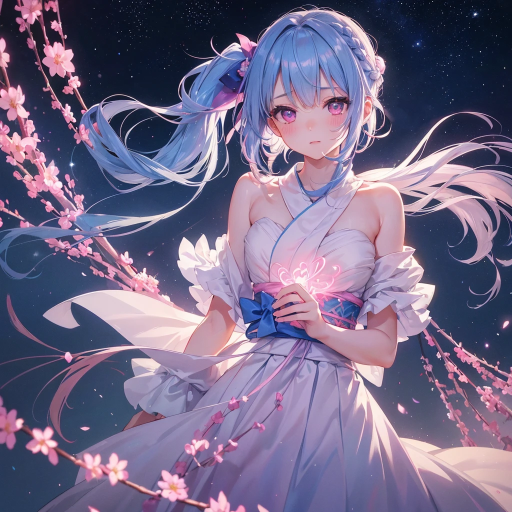 Sky blue hair, (One braided ponytail),(Pink Eyes),Fair skin ,(whole body),(One girl),Pink Yukata,Tanabata,(The Milky Way in the night sky),Hollow Eyes,Blushing,Straight bangs,,Wedding dress,(masterpiece, Highest quality, Very detailed, Best Shadow), (Detailed Background), (Beautifully detailed face), High Contrast, (Best lighting, Very delicate and beautiful), ((Cinematic Light)), colorful, Hyper Detail, Dramatic Light, Intricate details,Reaching out,