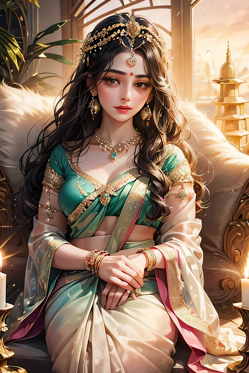 Goddess, very beautiful, animated style, closeup shot, anime in a (((combination indian traditional saree))) (((saree))) (((blouse))), long black wavy hair untied, head jewellery, head clips, head chains, head tiara, necklace, long and beautiful earings, armlets, bangles and bracelets, rings, pleasant expression, bright big black eyes, holding a flower, natural beauty, vibrant colors, dreamy, northern light, pink bubble, romantic, soft lighting, vintage aesthetic