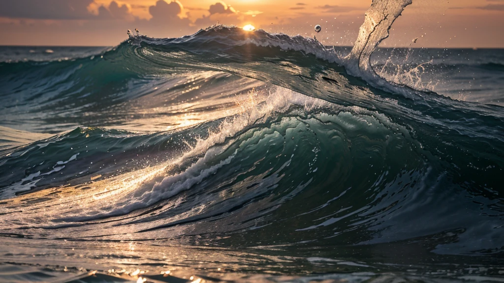 Close up inside of abstract wave breaking in the sunset or sunrise background natural light