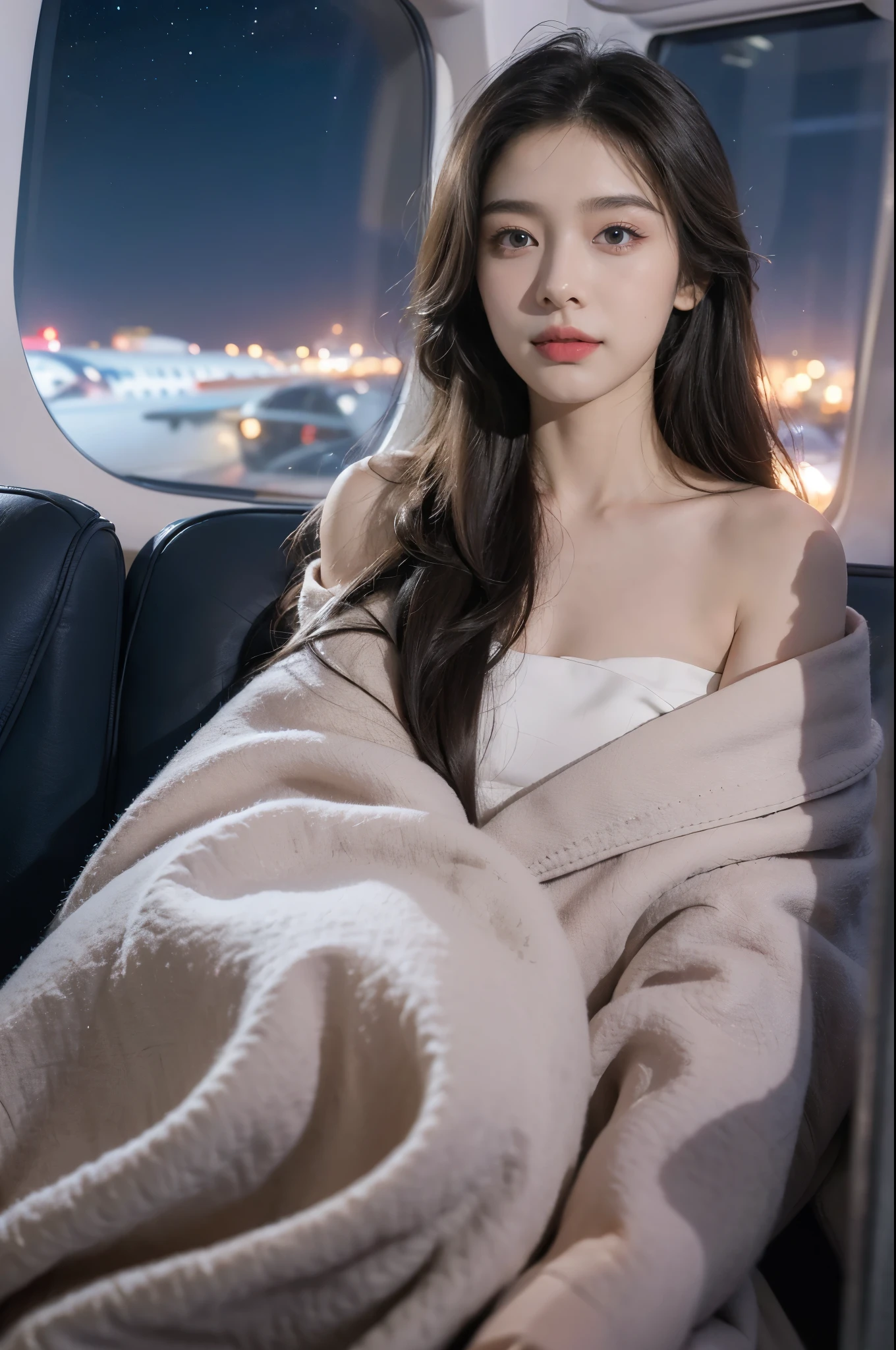 (((best quality))),(((ultra detailed))),(((masterpiece))),illustration,(a beautiful girl,female passenger,solo),(parted red lips),((slim,thin)),((bare back,towering hips,butt crack)),((earrings,crystal necklace)),(slender legs:1.2),(sitting on the seat:1.2),summer night,((in airplane,economy class,indoor)),(blanket over shoulders:1.3),((dress)),(shoulder length straight bob hair:1.2),stars,moonlight,smooth flight,engine sound,lullaby,relaxed,excited,laughing,visiting family,comfortable seats,soft fabric,headrests,adjustable,beauty of night sky,dimmed lights,sleeping passengers,movies,personal screens,staying awake,magic of sky,joy of being with family,memorable journey,adventures,(surrounded by crowded crowds:1.3),(Outside the window is high-altitude night view:1.2),((from back,upper body))