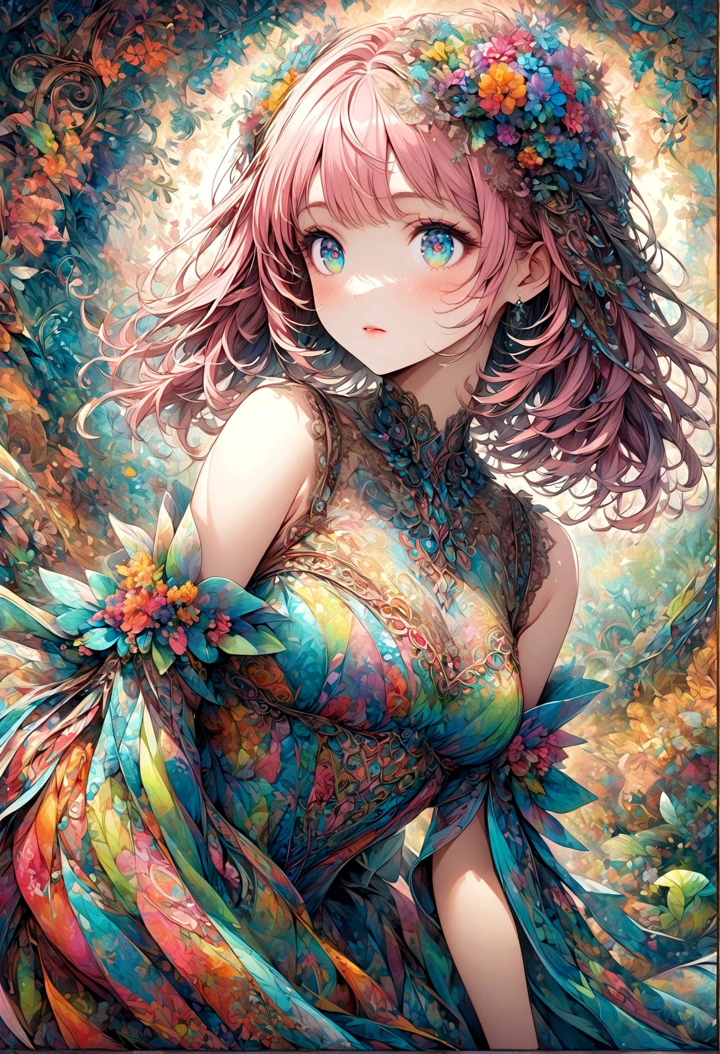 A delicate anime-style illustration of a girl with pink hair and large, expressive eyes. She is wearing a detailed, colorful dress with intricate patterns. The background features abstract, geometric shapes in soft pastel colors, creating a modern and artistic look. Her hands are gracefully positioned in front of her. kimono,Japanese style,Japanese Pattern,artwork,Zentangle,Fractal Art,Unbelievably absurd,draw in detail,Decadent,Adding Ogata Korin elements to the background,rendering,(masterpiece:1.3),(highest quality:1.4),(Super detailed:1.5),High resolution,Very detailed,unity 8k wallpaper,pop