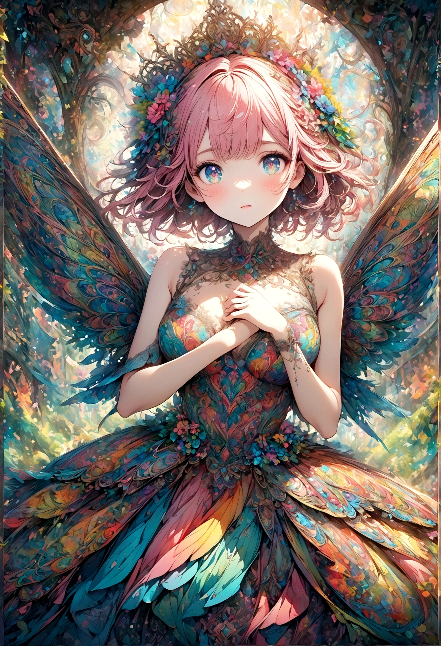 A delicate anime-style illustration of a girl with pink hair and large, expressive eyes. She is wearing a detailed, colorful dress with intricate patterns. The background features abstract, geometric shapes in soft pastel colors, creating a modern and artistic look. Her hands are gracefully positioned in front of her. kimono,Japanese style,Japanese Pattern,artwork,Zentangle,Fractal Art,Unbelievably absurd,draw in detail,Decadent,Adding Ogata Korin elements to the background,rendering,(masterpiece:1.3),(highest quality:1.4),(Super detailed:1.5),High resolution,Very detailed,unity 8k wallpaper,pop