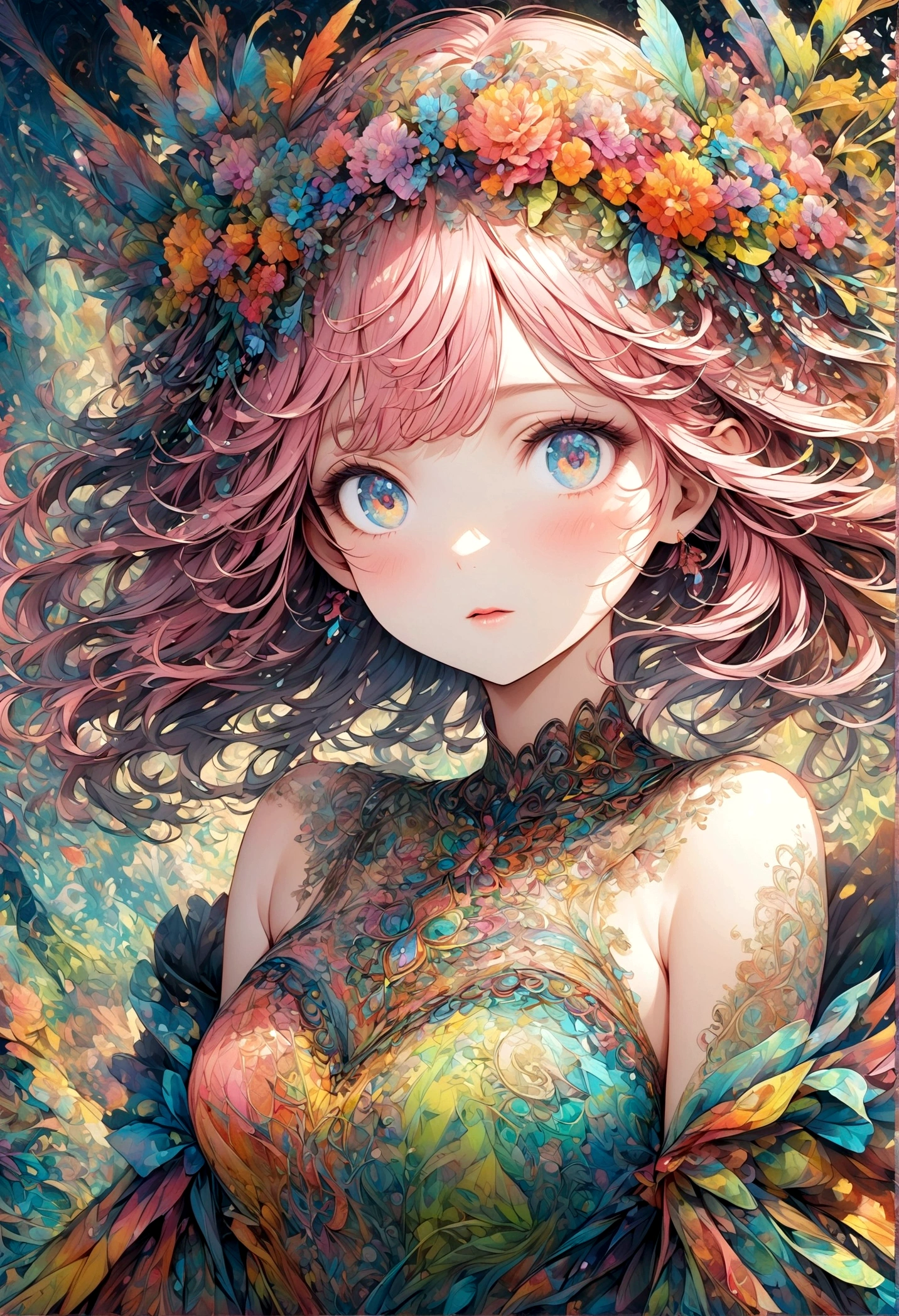 A delicate anime-style illustration of a girl with pink hair and large, expressive eyes. She is wearing a detailed, colorful dress with intricate patterns. The background features abstract, geometric shapes in soft pastel colors, creating a modern and artistic look. Her hands are gracefully positioned in front of her. kimono,Japanese style,Japanese Pattern,artwork,Zentangle,Fractal Art,Unbelievably absurd,draw in detail,Decadent,Adding Ogata Korin elements to the background,rendering,(masterpiece:1.3),(highest quality:1.4),(Super detailed:1.5),High resolution,Very detailed,unity 8k wallpaper,pop