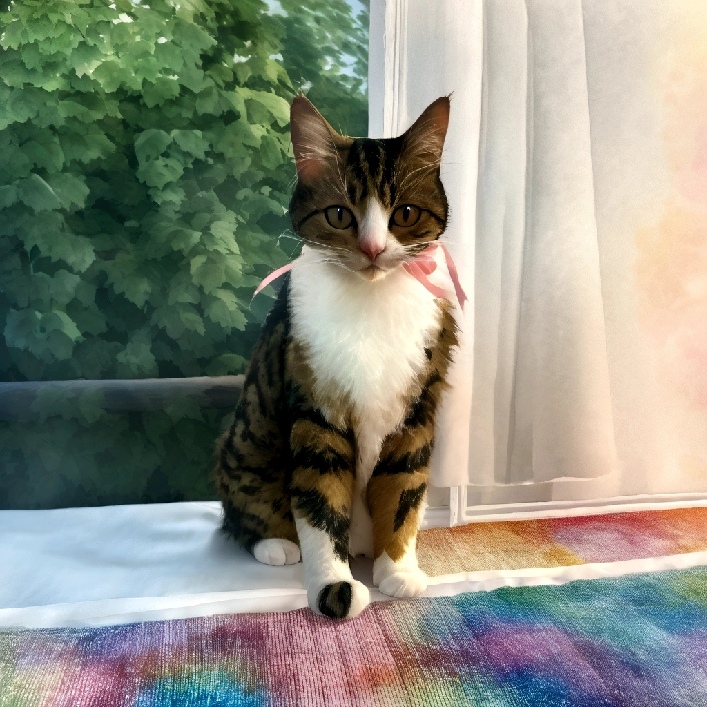 Watercolor style Bright and fun image Rainbow colors joy colorful pastel colour heart A coffee cup bigger than a cat In a dream White cloud Pink ribbon