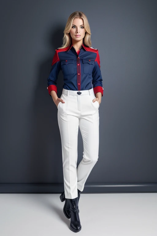 Very attractive blonde woman. Dark blue eyes, facing the camera. Black and red uniform. White background. Trousers, boots.