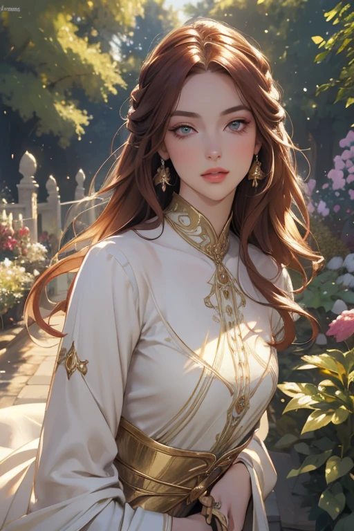 (masterpiece, best quality:1.2), (absurd res, high res, ultra detailed), 1 woman, beautiful, tall, feminine, medium sized breasts, (looking forward, finely detailed eyes), finely detailed face, long hair, small waist, narrow shoulders, full lips, doe-like eyes, button nose, wide hips, large lips, thick thighs, large ass, cute, thick eyelashes, defined nose, realistic eyes, modest clothing, garden scenery, fantasy, whip swords, no skin showing, auburn hair color, gold eye color, gown