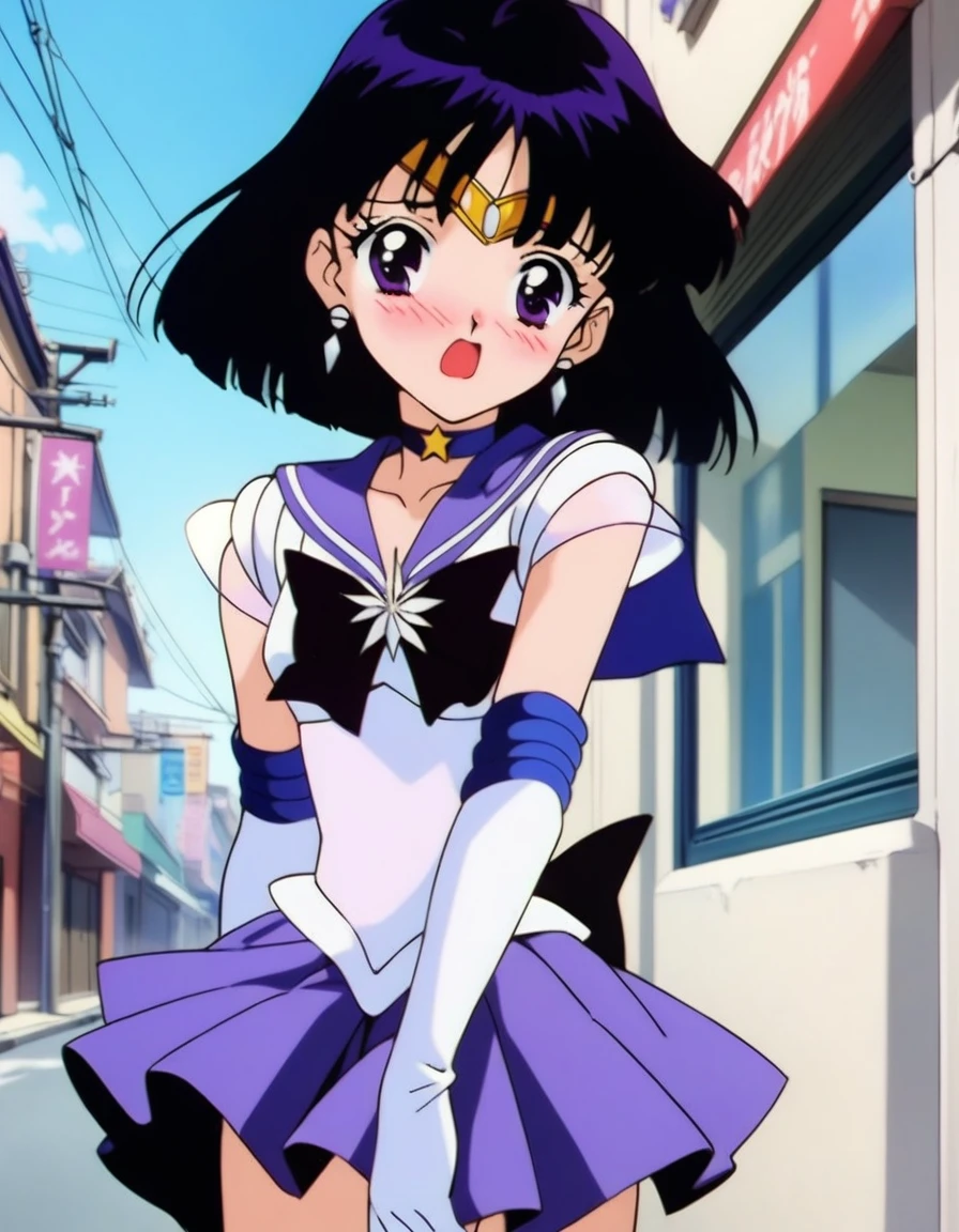 masterpiece, best quality, very aesthetic, absurdres, Sailor Saturn XL, 1990s \(style\), perfect face, beautiful eyes, BREAK 1girl, solo, short hair, black hair, purple eyes, flat chest, sailor senshi uniform, jewelry, star choker, bow, star brooch, purple sailor collar, tiara, earrings, white elbow gloves, purple pleated skirt, purple boots, BREAK embarrassed, blush, open mouth, (pantyshot:1.2), wind lift, outdoors, street, blue sky, wind,