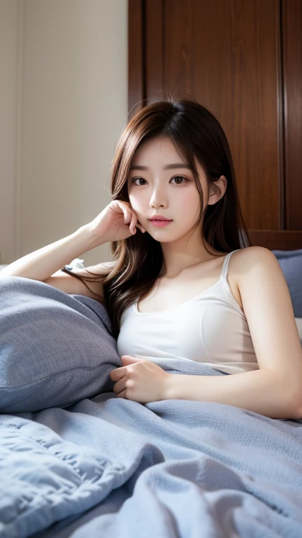 Korean Beauty、On the bed、((Sleeping on one&#39;s side))、((Eyes closed))、Wearing pastel purple underwear、White skin、Jet Black Hair、Straight Hair、Small waist、(((Angle of view from directly above:1.4)))、Mouth closed、(Large Breasts:1.3)、(Slit eyes:1.4)、(Slanted Eyes)、(Long, narrow eyes:1.3)、((profile))、((sleeping face))