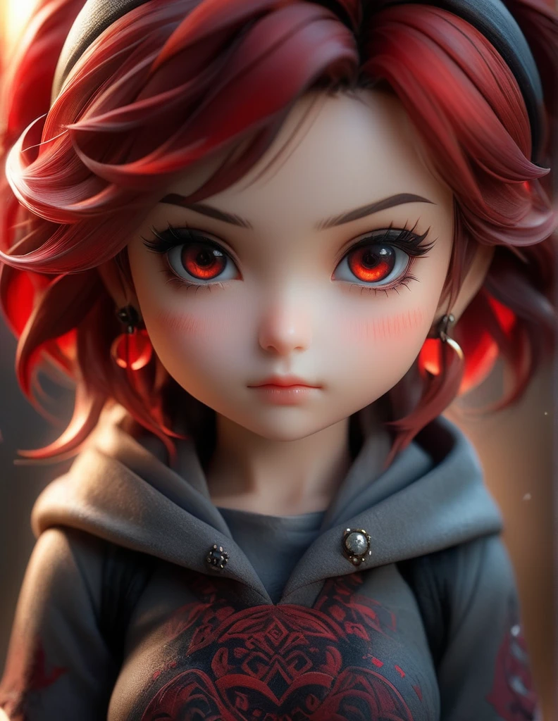 a cute nendoroid girl,solo portrait,extremely detailed and realistic facial features,beautiful red tattoo on face,ring with a stone,dramatic cinematic lighting,color ink wash painting style,photorealistic,ultra high resolution,8k,highly detailed skin texture,intricate details,hyperdetailed,dark magic,soft atmospheric perspective