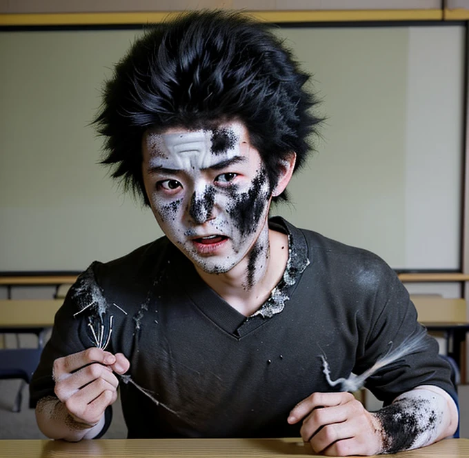 A Japanese boy gets electrocuted in a classroom in a comedy movie, and ends up covered in soot and in tatters