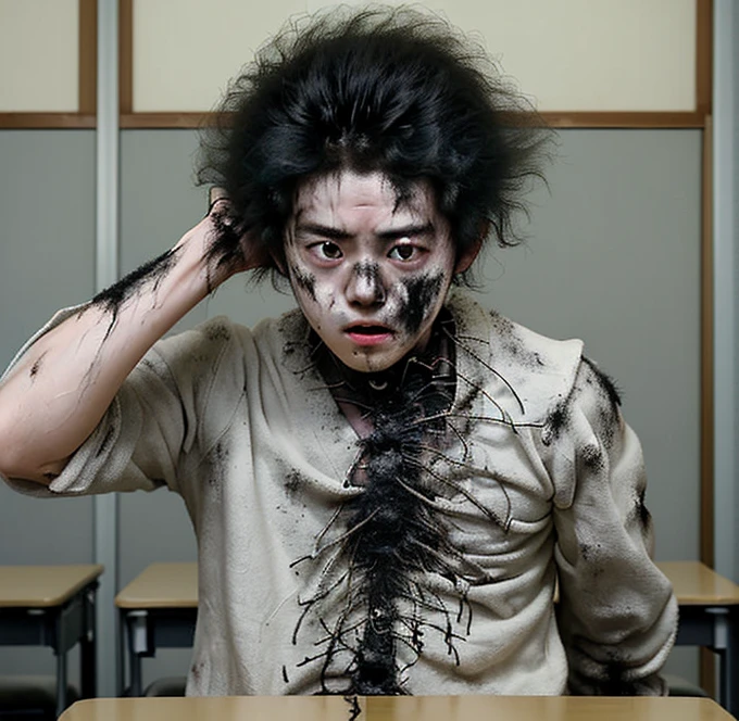 A Japanese boy gets electrocuted in a classroom in a comedy movie, and ends up covered in soot and in tatters