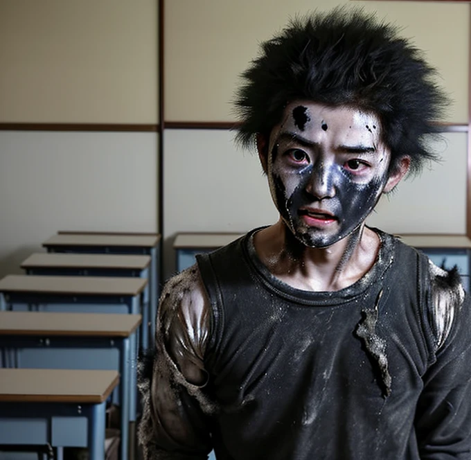 A Japanese boy gets electrocuted in a classroom in a comedy movie, and ends up covered in soot and in tatters
