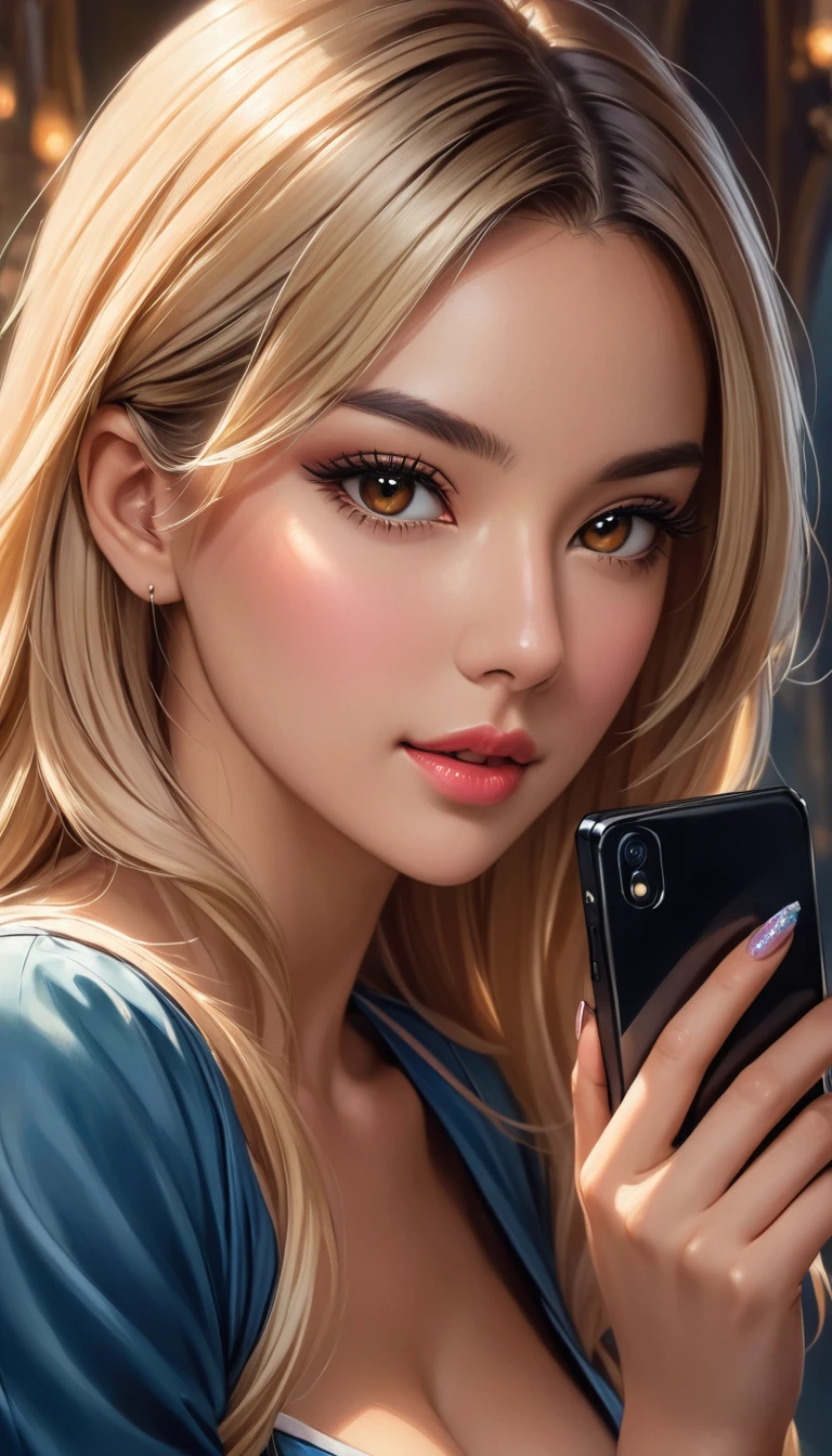 a close up of a woman with long blonde hair holding a cell phone, inspired by Magali Villeneuve, fantasy art portrait, fantasy portrait art, detailed matte fantasy portrait, alice x. zhang, fantasy portrait, epic fantasy art portrait, beautiful fantasy art portrait, magali villeneuve', graphic artist magali villeneuve, fantasy genre portrait, epic fantasy digital art style