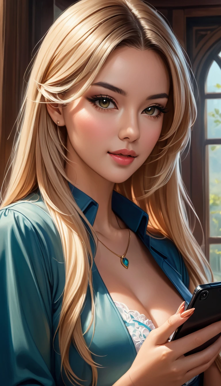 a close up of a woman with long blonde hair holding a cell phone, inspired by Magali Villeneuve, fantasy art portrait, fantasy portrait art, detailed matte fantasy portrait, alice x. zhang, fantasy portrait, epic fantasy art portrait, beautiful fantasy art portrait, magali villeneuve', graphic artist magali villeneuve, fantasy genre portrait, epic fantasy digital art style. Scarlett Johanson, Alison Brie, Selena Gomez.