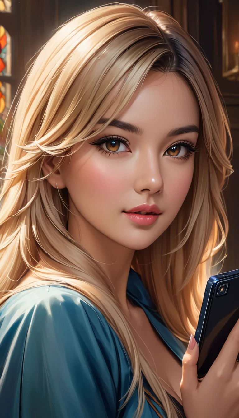 a close up of a woman with long blonde hair holding a cell phone, inspired by Magali Villeneuve, fantasy art portrait, fantasy portrait art, detailed matte fantasy portrait, alice x. zhang, fantasy portrait, epic fantasy art portrait, beautiful fantasy art portrait, magali villeneuve', graphic artist magali villeneuve, fantasy genre portrait, epic fantasy digital art style