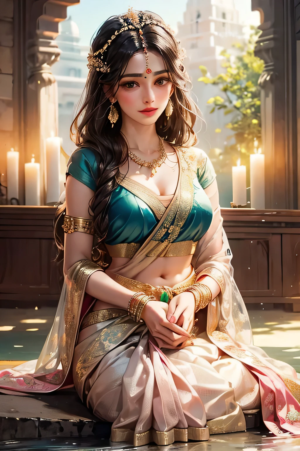 Goddess, very beautiful, animated style, closeup shot, anime in a (((combination indian traditional saree))) (((saree))) (((blouse))), long black wavy hair untied, head jewellery, head clips, head chains, head tiara, necklace, long and beautiful earings, armlets, bangles and bracelets, rings, pleasant expression, bright big black eyes, holding a flower, natural beauty, vibrant colors, dreamy, northern light, pink bubble, romantic, soft lighting, vintage aesthetic