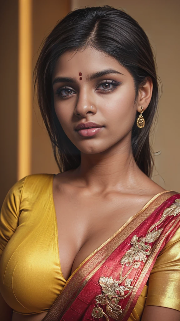 22 year old indian woman, tall, bright eyes, big lips, huge breasts, detailed anatomy, realistic, beautiful detailed eyes, beautiful detailed lips, extremely detailed face, longeyelashes, elegant pose, photorealistic, 8k, highres, masterpiece, ultra-detailed, physically-based rendering, vivid colors, studio lighting,  hot saree ,