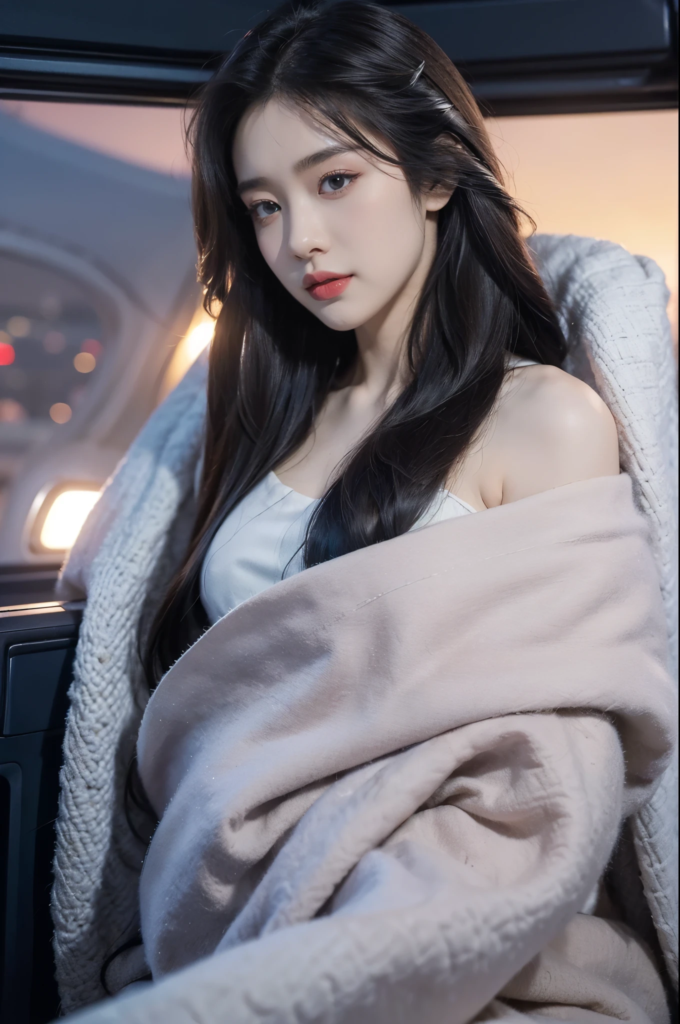 (((best quality))),(((ultra detailed))),(((masterpiece))),illustration,(a beautiful girl,female passenger,solo),((slim,thin,small breasts,flat chest)),summer night,((in airplane,economy class,indoor)),(blanket over shoulders:1.3),((dress)),(shoulder length straight hair:1.2),stars,moonlight,smooth flight,engine sound,lullaby,relaxed,excited,happy,visiting family,comfortable seats,soft fabric,headrests,adjustable,beauty of night sky,thinking about family,friends,dimmed lights,sleeping passengers,movies,personal screens,staying awake,magic of sky,joy of being with family,memorable journey,adventures,(surrounded by crowded crowds:1.3)