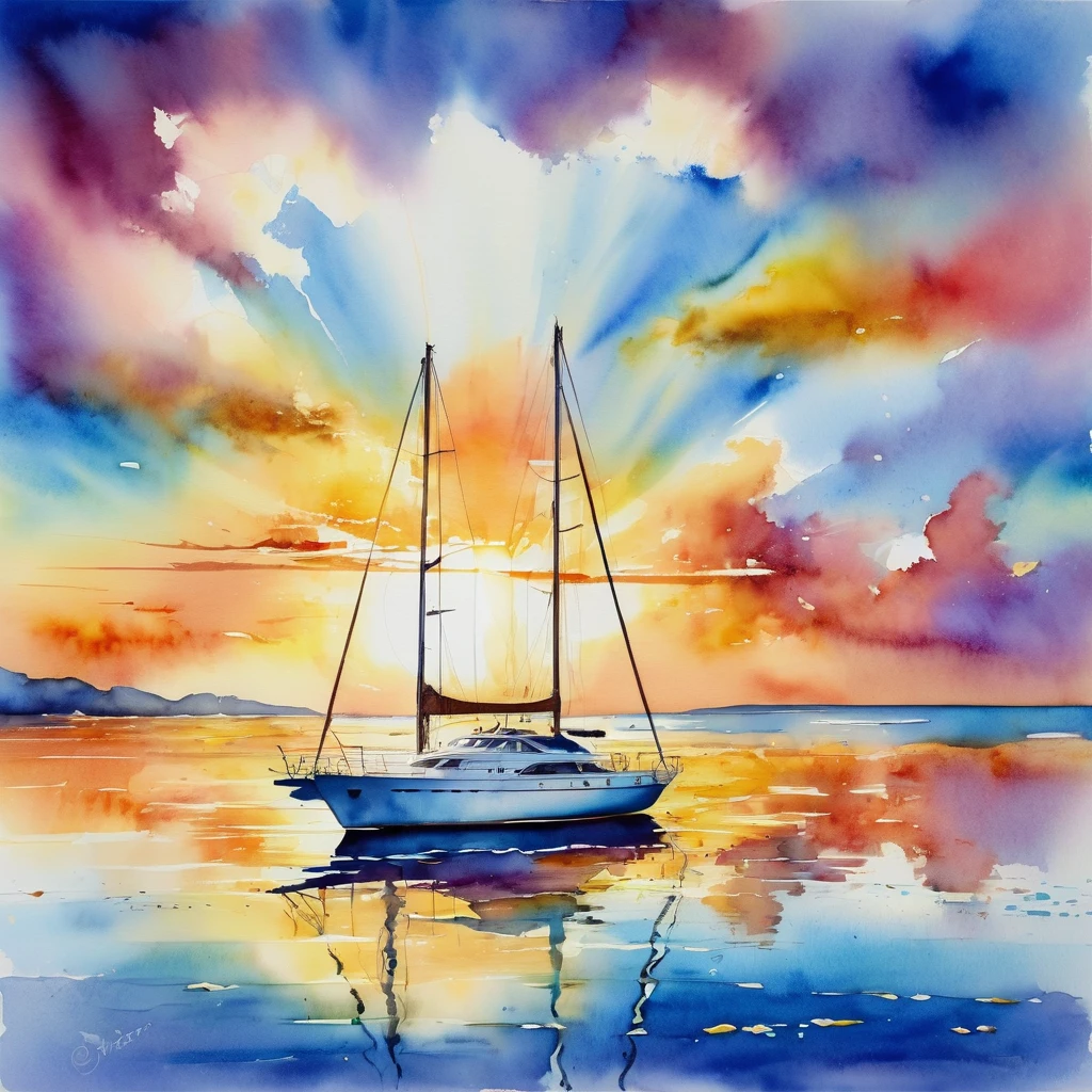 watercolor sunset, high tide, golden sand, Calm Sea, colorful clouds, rays of light penetrating the clouds, in the reflection of light in the water, a big yacht, the sea shines with vivid colors. Vibrant, comely, pictorial, detailded, textural, artistic On the beach, 