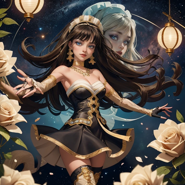 ((high quality)), ((Work of art)), (more detail), 1girl, centered, a girl with a light brown skinny, award winning upper body portrait, cowboy shot, solo, brown hair, long hair, wave hair, Egyptian aesthetic, black shirt, black skirt, blue knee boots, smiling, Egypt style, space scenery, gold lanterns, white roses, full moon,  depth of field, cinematic composition, night, white roses, smile, gothic dress, black dress, black dress with transparency, blue laces, black gloves, black high socks, blue high hills boots, gold jewelry, jewelry, space, white roses on focus, Cleo de Nilo_(monster high), Monster High, looking at the viewer, more details on the clothes, petals in the air, two arms, two legs, two hands, five fingers, space scene, 1girl, black maid dress, jewelry, brown hair, flowing hair, long hair, maid dress with a short skirt and layers, blue laces, blue boots, black dress with transparency, gold details on her clothes, cat ears, animal ears,  more details, perfectly body, perfectly hands, two hands, two legs, two arms, five fingers, glowing hair, best quality, alone, maid headdress, choker, detached sleeves, maid dress, maid black dress, strapless, masterpiece, best quality, detailed face, night, asymmetrical gloves, bangs, black short skirt , black gloves, white boots, earrings, elbow gloves, fishnet thighhighs, fish masterpiece, solo, best quality, detailed face, gloves, hair between eyes, jewelry, long hair, looking at viewer, single earring, sky, sleeveless, solo, thigh boots, thigh highs, uneven gloves, solo, alone, Looking at the viewer, More details on the clothes, white roses on her hair, space scenery, maid, maid dress, green details, white roses, maid headdress, maid apron, long hair, seat on the Saturn rings, more details on her clothes, gold details on her 