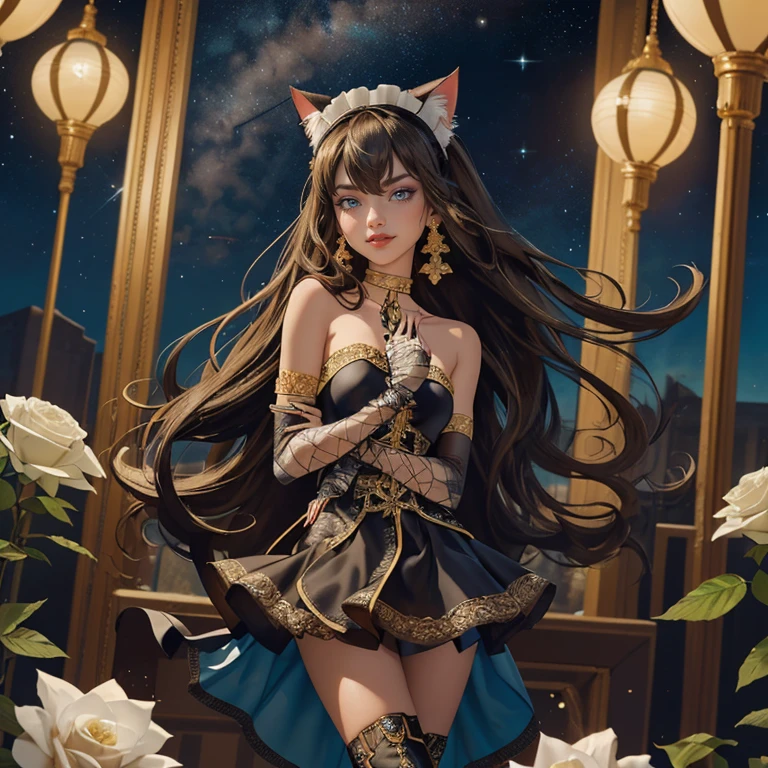((high quality)), ((Work of art)), (more detail), 1girl, centered, a girl with a light brown skinny, award winning upper body portrait, cowboy shot, solo, brown hair, long hair, wave hair, Egyptian aesthetic, black shirt, black skirt, blue knee boots, smiling, Egypt style, space scenery, gold lanterns, white roses, full moon, depth of field, cinematic composition, night, white roses, smile, gothic dress, black dress, black dress with transparency, blue laces, black gloves, black high socks, blue high hills boots, gold jewelry, jewelry, space, white roses on focus, Cleo de Nilo_(monster high), Monster High, looking at the viewer, more details on the clothes, petals in the air, two arms, two legs, two hands, five fingers, space scene, 1girl, black maid dress, jewelry, brown hair, flowing hair, long hair, maid dress with a short skirt and layers, blue laces, blue boots, black dress with transparency, gold details on her clothes, cat ears, animal ears, more details, perfectly body, perfectly hands, two hands, two legs, two arms, five fingers, glowing hair, best quality, alone, maid headdress, choker, detached sleeves, maid dress, maid black dress, strapless, masterpiece, best quality, detailed face, night, asymmetrical gloves, bangs, black short skirt , black gloves, white boots, earrings, elbow gloves, fishnet thighhighs, fish masterpiece, solo, best quality, detailed face, gloves, hair between eyes, jewelry, long hair, looking at viewer, single earring, sky, sleeveless, solo, thigh boots, thigh highs, uneven gloves, solo, alone, Looking at the viewer, More details on the clothes, white roses on her hair, space scenery, maid, maid dress, green details, white roses, maid headdress, maid apron, long hair, seat on the Saturn rings, more details on her clothes, gold details on her