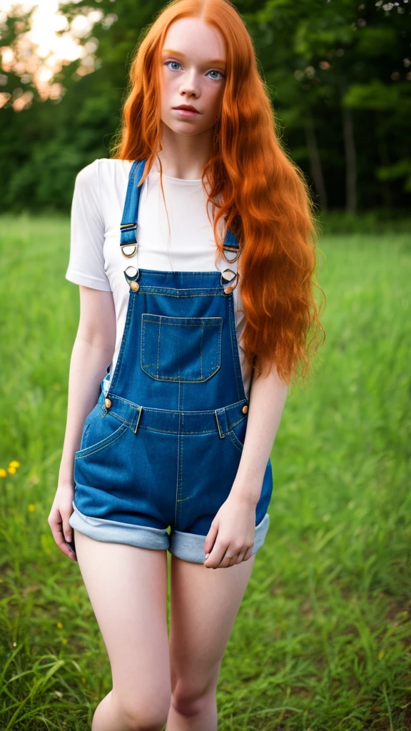 (Masterpiece artwork), still from film, (full body shot) of a beautiful and sexy young redhead, (long  hair), (face perfect), (detailed facial features), seductive look, (amazing body), (Wearing overalls) , standing, plein-air, humid, humid, fundo detailded), shallow depth of field, (detailded), photographed on a Kodak camera,